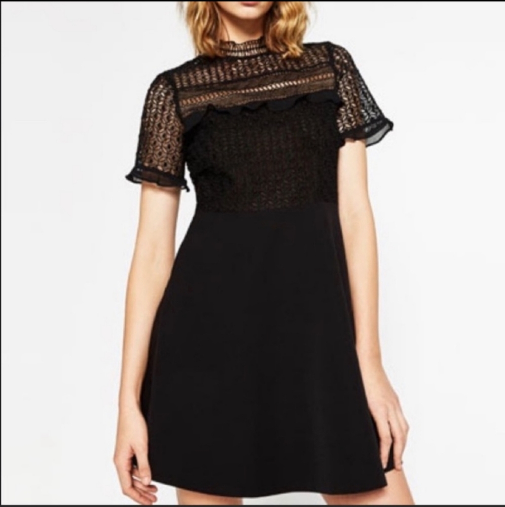 Zara Woman Black Lace Top Fit & Flare Dress
